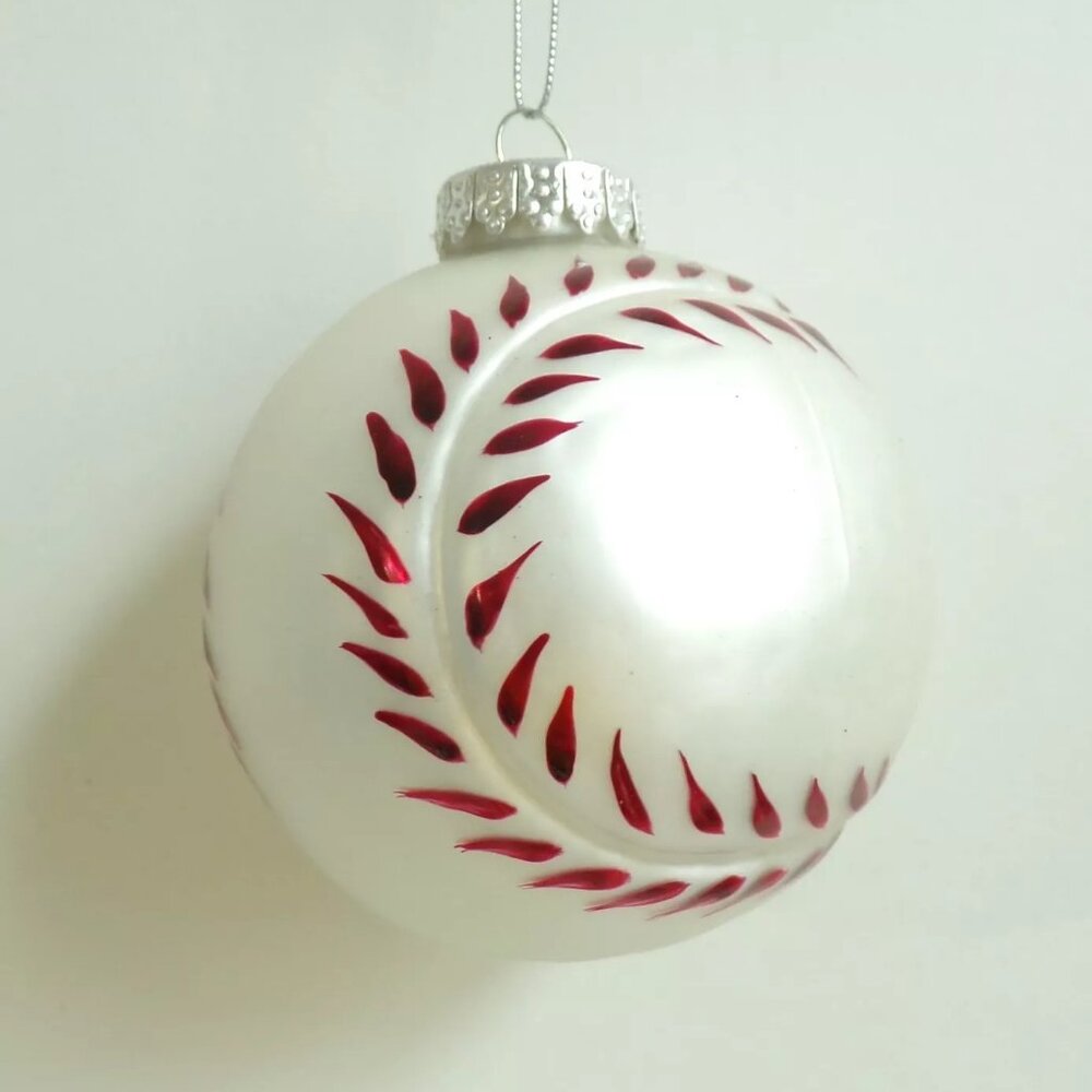 Christmas Ornament Baseball Glass White Red Glitter Accent Sports Holiday Decor